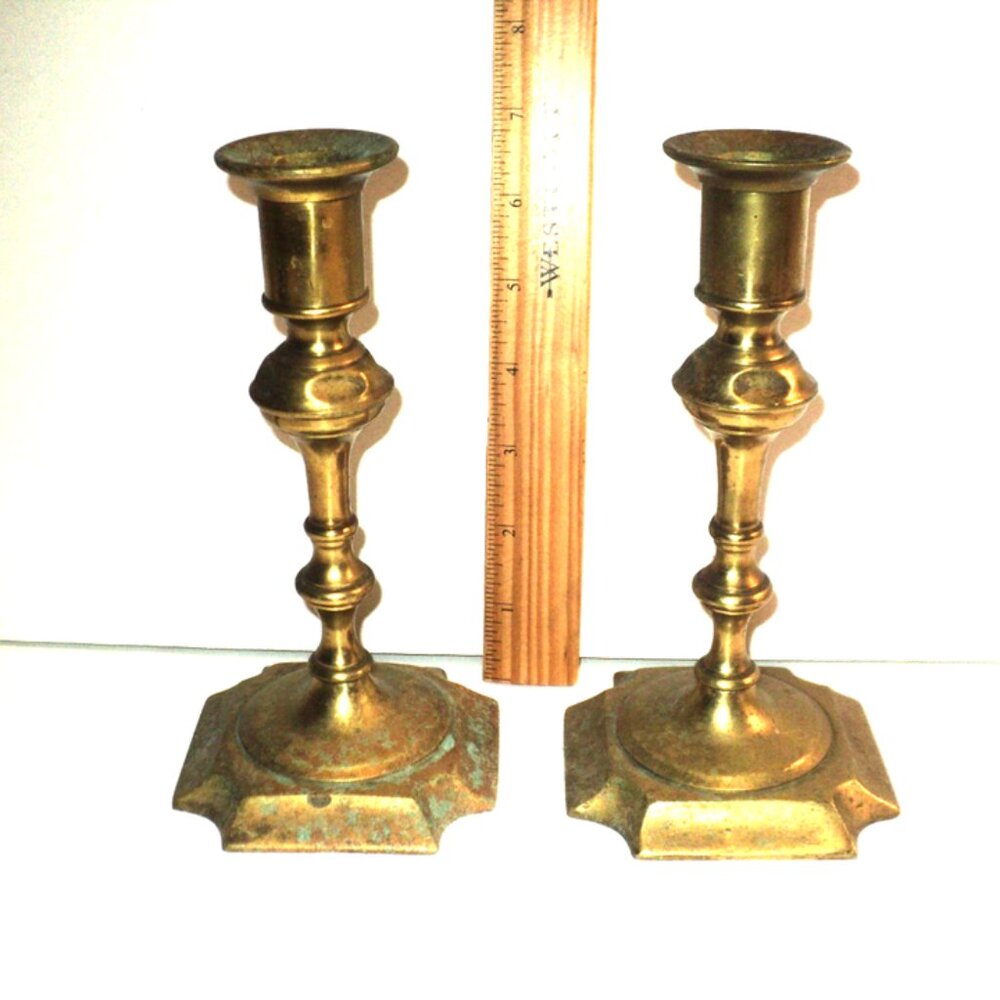 Two Antique 7 1/8" Brass Candlesticks Made in England Oxidation, Patina, Pitting